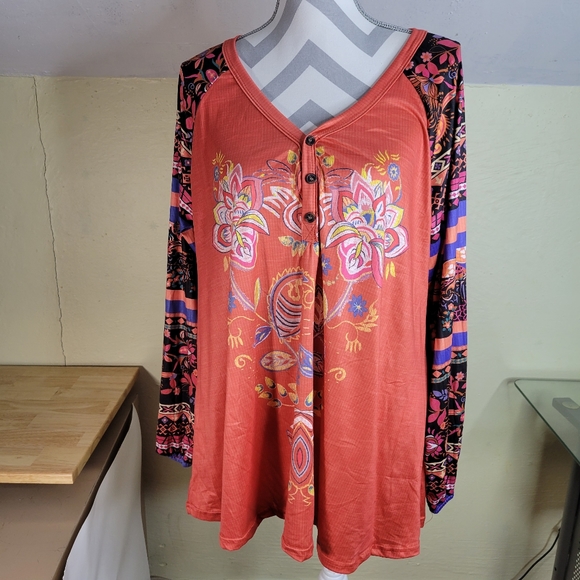 Womans Unbranded Cotton Poly blend Long Sleeve Fun Print Coral/Blue/Black S 3X - Picture 2 of 9